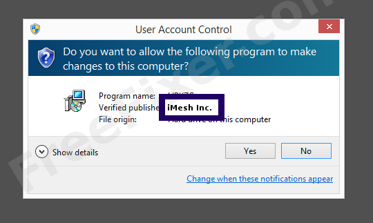 Screenshot where iMesh Inc. appears as the verified publisher in the UAC dialog
